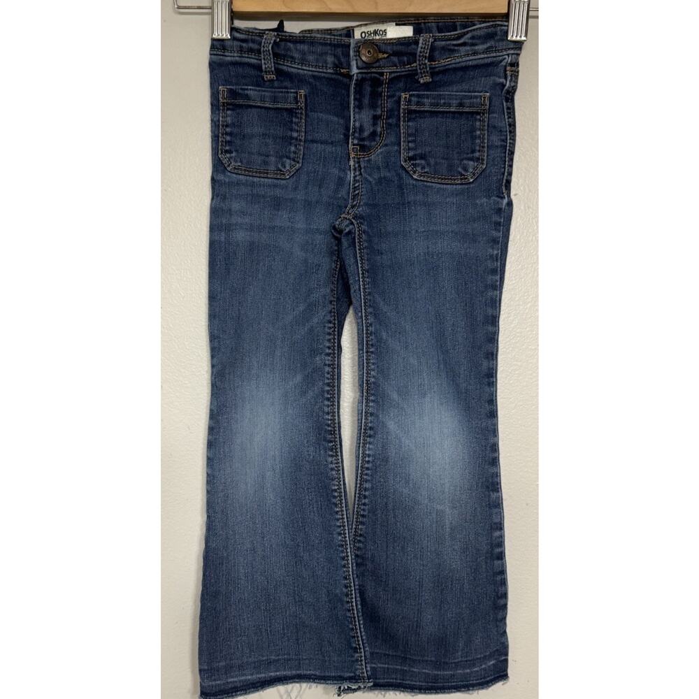 Oshkosh Denim Blue Jeans Girls Size 5 Flare Patch Pockets Adjustable